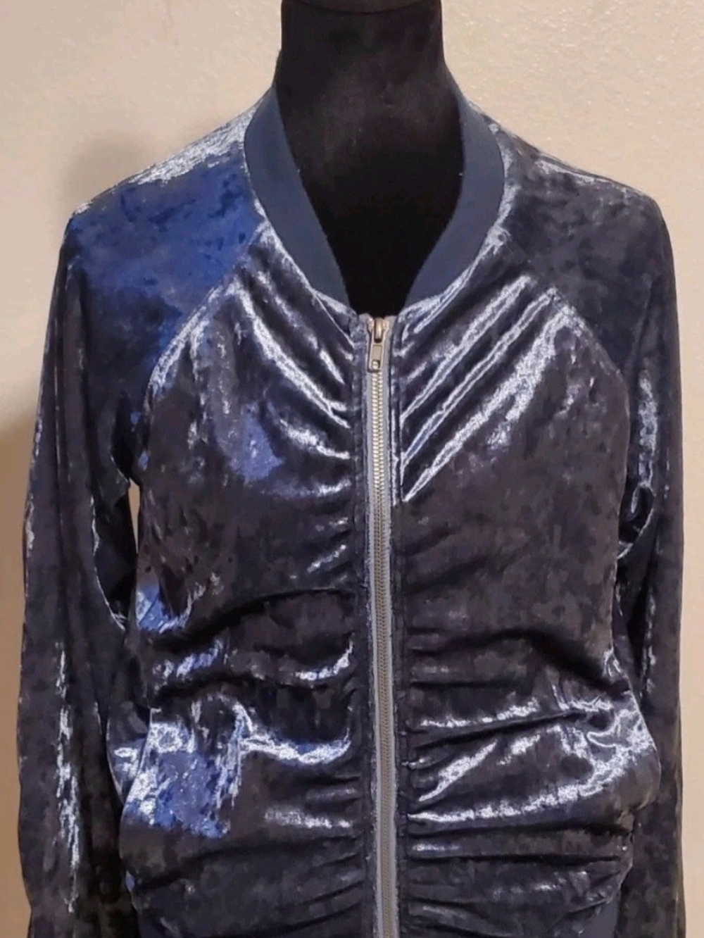 Vintage Velvet Bomber Jacket Womens M Blue Gray Y2K Retro Mob Wife Aesthetic Zip